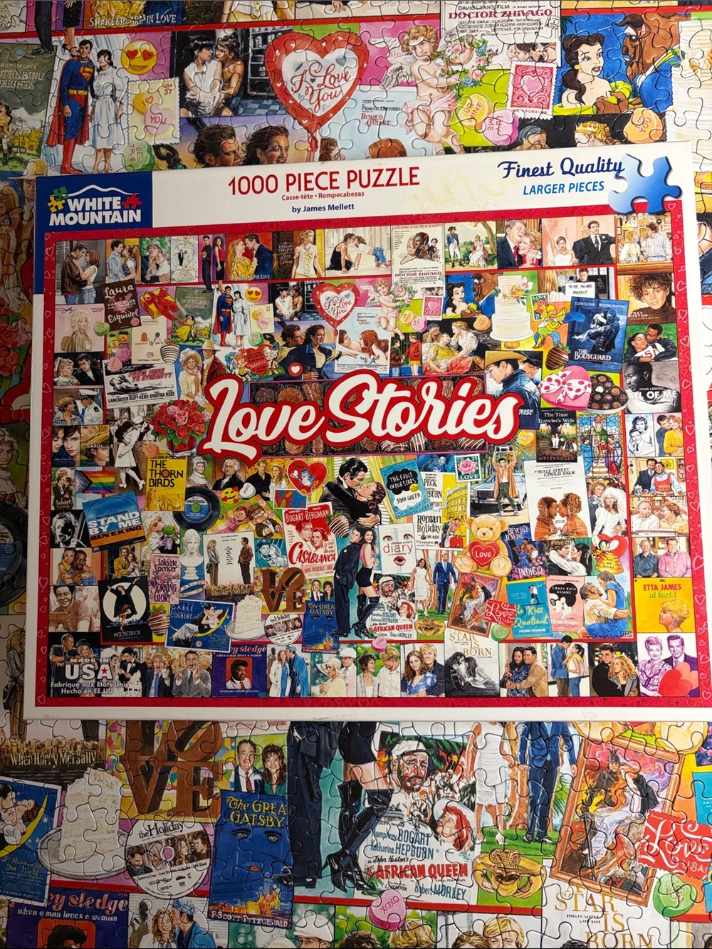 🧩 1000 large piece White Mountain “Love Stories” collage with poster. Complete.